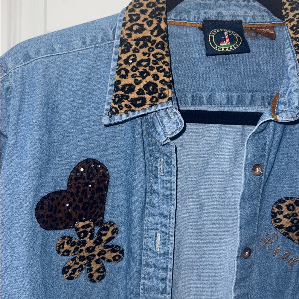 Leopard Trim Denim Jacket/Button Up - Picture 4 of 5